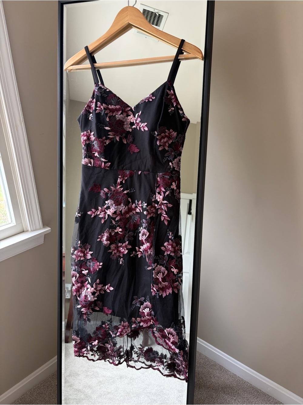 Guess Black Dress with Pink Floral Embroidery
